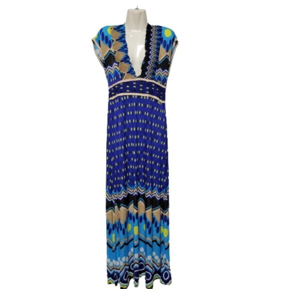 SUMMER Blue Maxi Cover up Abstract Print Cap Sleeve Casual Comfy Long Dress - Picture 1 of 13